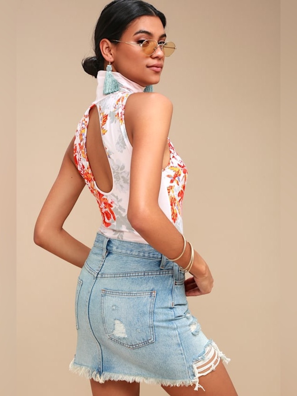 Free People Pixie Ivory Floral Mock Neck Bodysuit XS Boho Keyhole Thong - Picture 4 of 15